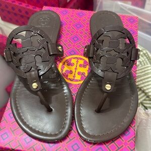 Tory Burch Dark Brown Leather Logo Thong Sandals